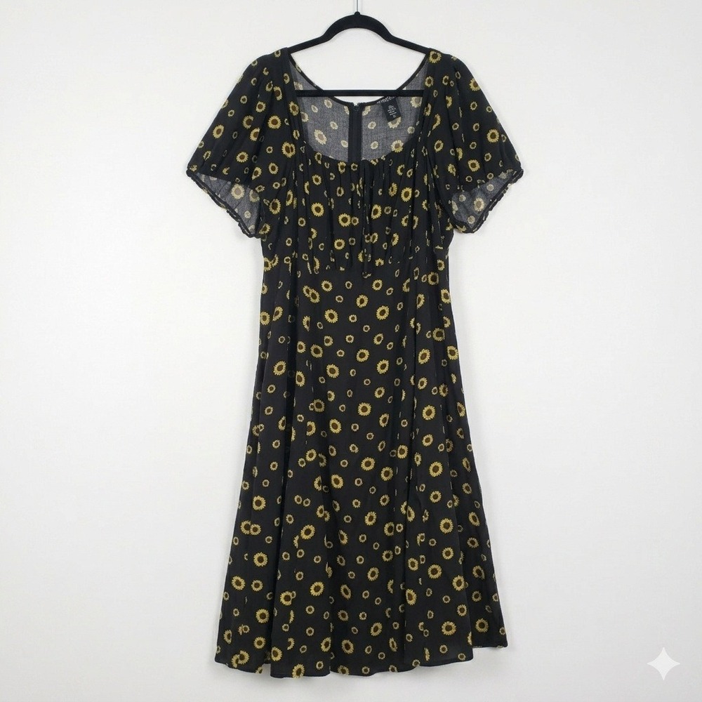 Thorn & Fable Sunflower Midi Dress Womens 24 Black Floral Puff Sleeve Goth Boho